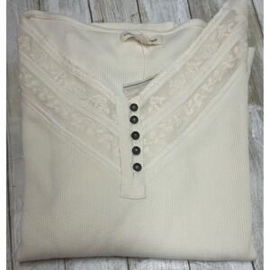 Lucky Brand Womens Ivory Waffle Knit Lace Trim Henley Top XL Long Sleeve NWOT
